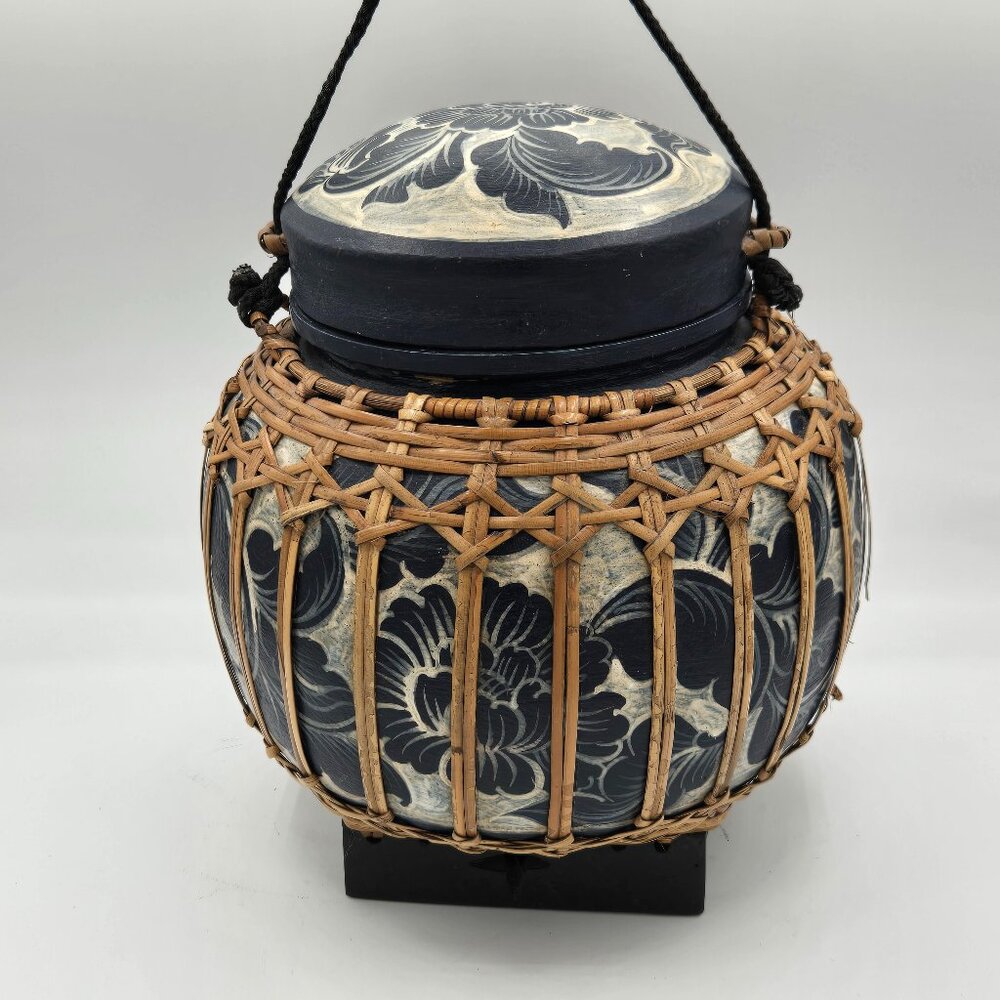 Handwoven Rice Basket with Lid | Boho Bamboo Storage Jar |  9.5” Rattan Jar
